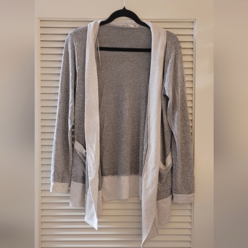 Pink Rose - Grey & White Open Cardigan With Pockets